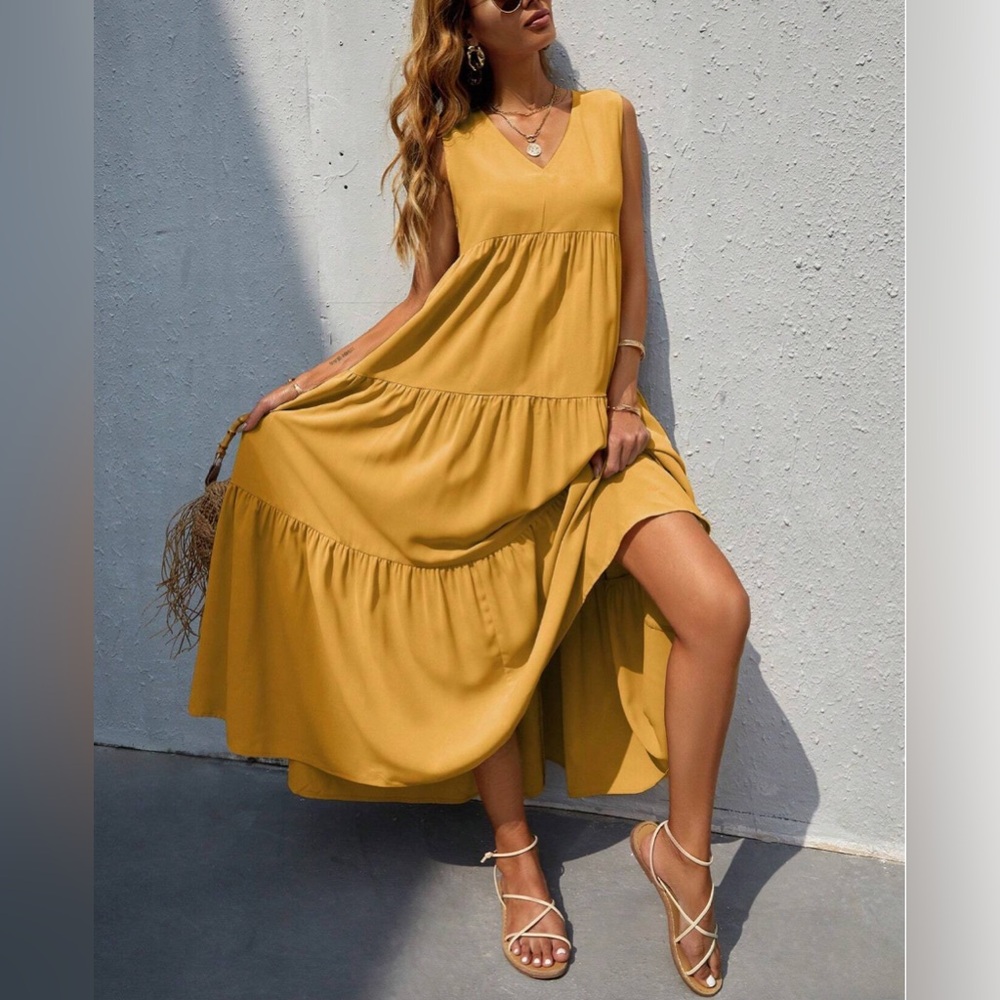 LAST ONE 🔥 Boho V Neck Ruffle Hem Smock Dress Yellow * - Picture 4 of 7